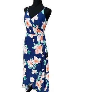 Lulus Blue Floral Print High-Low‎ Wrap sundress sun dress Midi Dress size medium